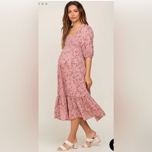 Pink Floral Smocked Maternity Midi Dress